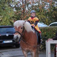 Kind im St. Martinskostüm sitzend auf Pferd